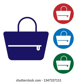 Blue Handbag icon isolated on white background. Female handbag sign. Glamour casual baggage symbol. Set color icon in circle buttons. Vector Illustration