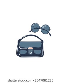 Blue handbag with matching blue-frame sunglasses, sleek and elegant design