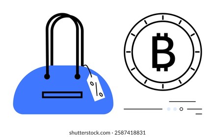 Blue handbag with price tag beside a Bitcoin symbol. Ideal for e-commerce, cryptocurrency, digital transactions, online shopping, luxury goods, financial technology, retail marketing. Line metaphor