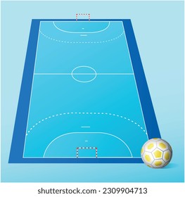 Blue  handball court and ball. Vector 3d illustration