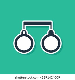 Blue Handcuffs icon isolated on green background.  Vector Illustration