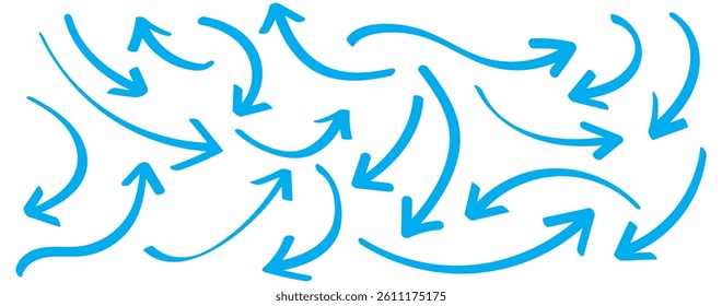 Blue hand-drawn arrow marker. Blue Hand-drawn brush stroke arrows. Blue charcoal ovals and arrows strokes different forms. Hand drawn vector arrows doodle set on white background. Blue long arrow set.