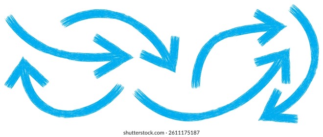 Blue hand-drawn arrow marker. Blue Hand-drawn brush stroke arrows. Blue charcoal ovals and arrows strokes different forms. Hand drawn vector arrows doodle set on white background. Blue long arrow set.