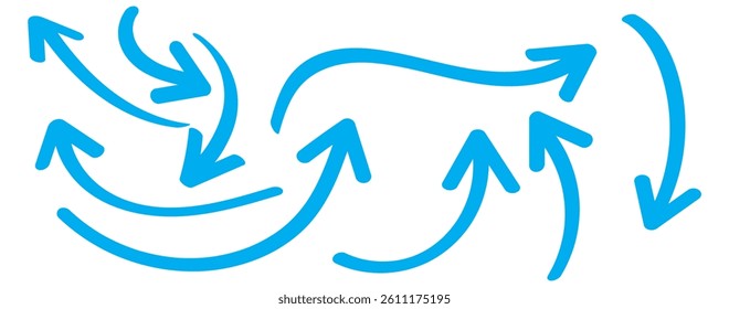Blue hand-drawn arrow marker. Blue Hand-drawn brush stroke arrows. Blue charcoal ovals and arrows strokes different forms. Hand drawn vector arrows doodle set on white background. Blue long arrow set.