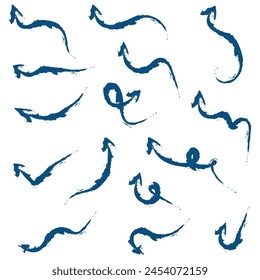 blue hand-drawn brush stroke arrow isolated on a white background.