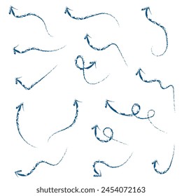 blue hand-drawn brush stroke arrow isolated on a white background.