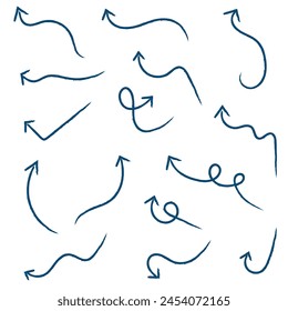 blue hand-drawn brush stroke arrow isolated on a white background.