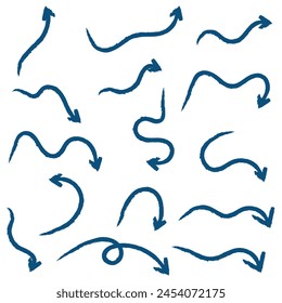 blue hand-drawn brush stroke arrow isolated on a white background.