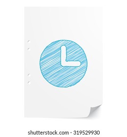 Blue handdrawn Clock illustration on white paper sheet with copy space