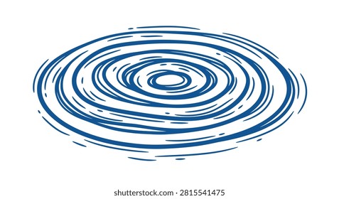 Blue hand-drawn concentric circular ripple illustration on white background. Minimalist sketch of water wave rings, vortex, or whirlpool effect in an elliptical perspective.