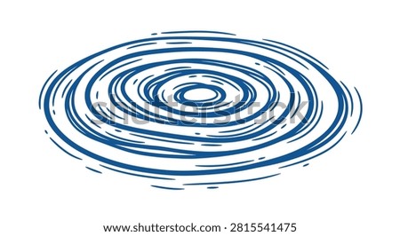 Blue hand-drawn concentric circular ripple illustration on white background. Minimalist sketch of water wave rings, vortex, or whirlpool effect in an elliptical perspective.