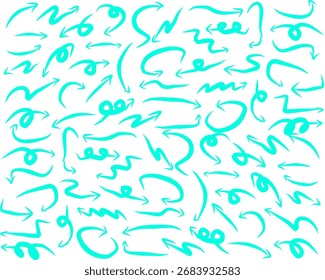 Flechas de doodle dibujadas a mano azules en varios estilos curvos y en zigzag sobre fondo blanco, colección de boceto abstracto que simboliza la dirección, el movimiento y la creatividad.
