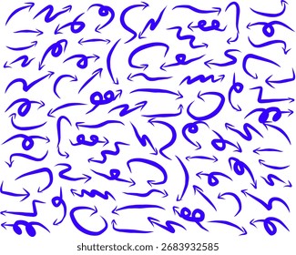 Blue hand-drawn doodle arrows in various curved and zigzag styles on white background, abstract sketch collection symbolizing direction, motion, and creativity.
