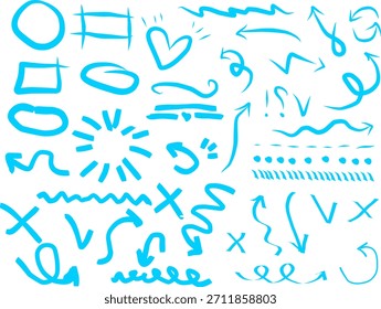 Elementos de rabiscar azul desenhados à mão definidos com setas, corações, ondas, formas e rabiscos em fundo branco, ícones de esboço criativo para uso de design.
