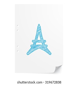Blue handdrawn Eiffel Tower illustration on white paper sheet with copy space