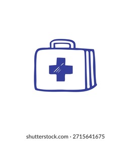A blue, hand-drawn first aid kit, complete with a handle and cross emblem