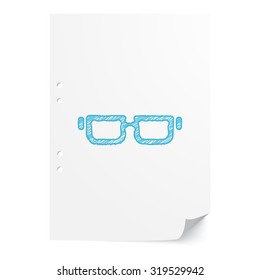 Blue handdrawn Glasses illustration on white paper sheet with copy space