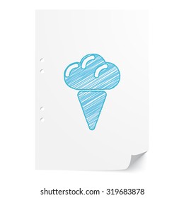Blue handdrawn Ice Cream illustration on white paper sheet with copy space