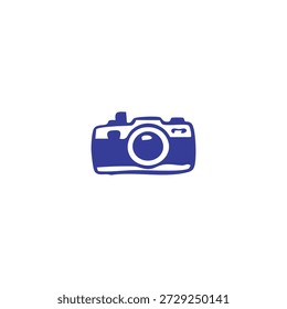 A blue, hand-drawn icon of a camera is centered on a white background.