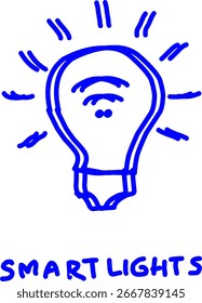 Bombilla azul dibujada a mano con rayos y la palabra "Innovación" a continuación, que simboliza la creatividad, las ideas y la inspiración en un estilo de boceto simple.
