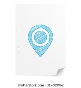 Blue handdrawn Map Pointer illustration on white paper sheet with copy space