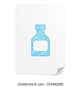 Blue handdrawn Medicine Bottle illustration on white paper sheet with copy space