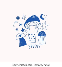 Blue hand-drawn mushroom illustrations with whimsical stars, moons, and abstract patterns on a light background. Perfect for children's art and playful designs