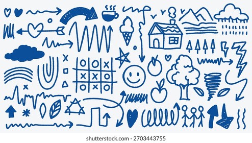 Blue hand-drawn pencil doodle vector design, scribbles and note elements. arrow vector set. pencil brush texture. pencil sketch mark underline emphasis asset. outline naive style.