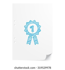 Blue handdrawn Prize Ribbon illustration on white paper sheet with copy space