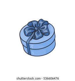 blue hand-drawn round gift box with bow and ribbon, sketch style vector illustration isolated on white background. Xmas, birthday, Valentine present, gift, surprise, decoration element