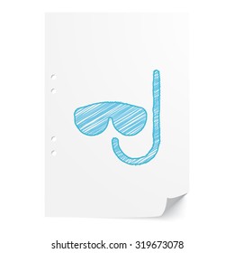 Blue handdrawn Scuba Diving illustration on white paper sheet with copy space