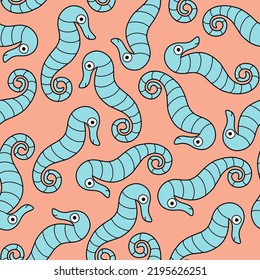 Blue hand-drawn seahorses on orange seamless pattern vector illustration