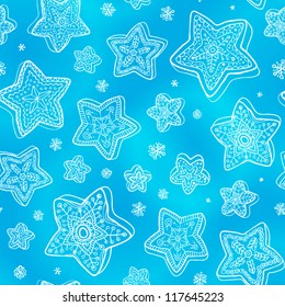 Blue hand-drawn stars-snowflakes seamless pattern