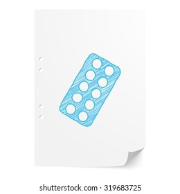 Blue handdrawn Tablet Strip illustration on white paper sheet with copy space