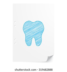Blue handdrawn Tooth illustration on white paper sheet with copy space