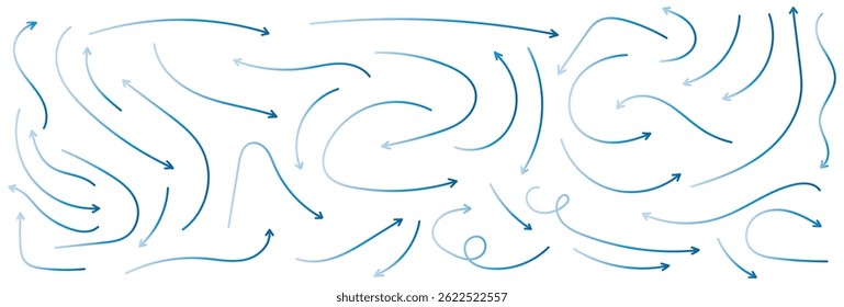 Blue hand-drawn vector arrow set. Arrow crayon brush doodle chalk line stroke. Sketch pencil texture line scribble arrow icon. Hand-drawn grunge blue gradient brush sketch on a white background 