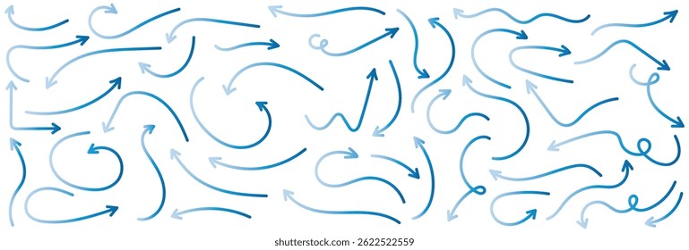 Blue hand-drawn vector arrow set. Arrow crayon brush doodle chalk line stroke. Sketch pencil texture line scribble arrow icon. Hand-drawn grunge blue gradient brush sketch on a white background 