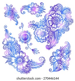 Blue hand-drawn vector flowers set