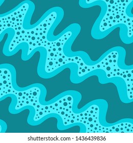 blue handdrawn wavy lines and dots. seamless pattern. water vector texture