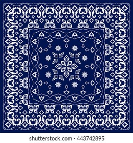 Blue handkerchief with white ornament. Square pattern for print on bandanna, vector illustration.