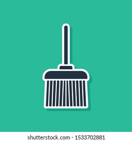 Blue Handle broom icon isolated on green background. Cleaning service concept.  Vector Illustration