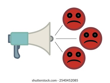 Blue handled megaphone or loudspeaker expressing anger or rage