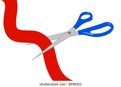 blue handled scissors cutting through red ribbon - vector