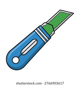 a blue handled utility knife with a green blade on a white background, tool for everyday use