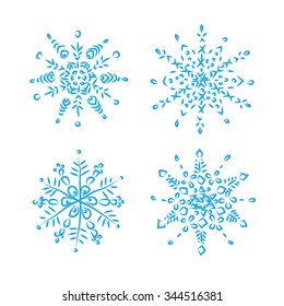 Blue hand-paint snowflakes sets in vector