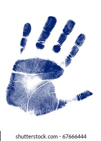 Blue hand-print shape over white background.