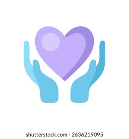 Blue hands gently holding a soft purple heart.
