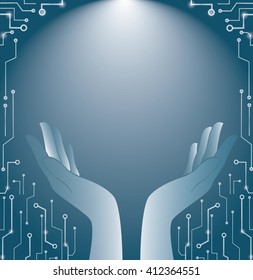blue hands holding and lighting technology art background vector
