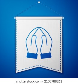 Blaue Hände in betenden Position Symbol einzeln auf blauem Hintergrund. Gebet mit Glauben und Hoffnung zu Gott. Weiße Wannenschablone. Vektorgrafik