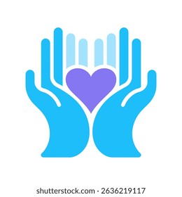 Blue hands tenderly hold a purple heart, symbolizing love and care